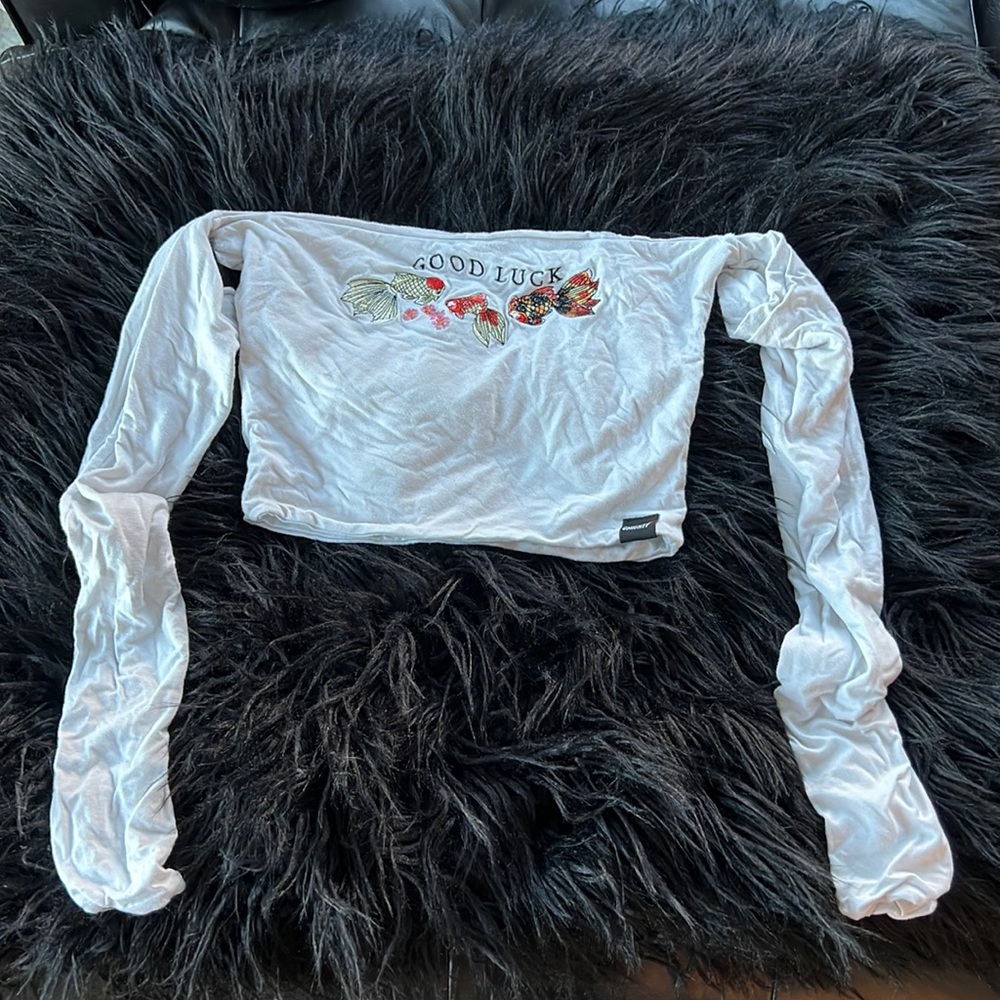 OMighty Size Medium White “Good Luck” Long Sleeve Crop Top